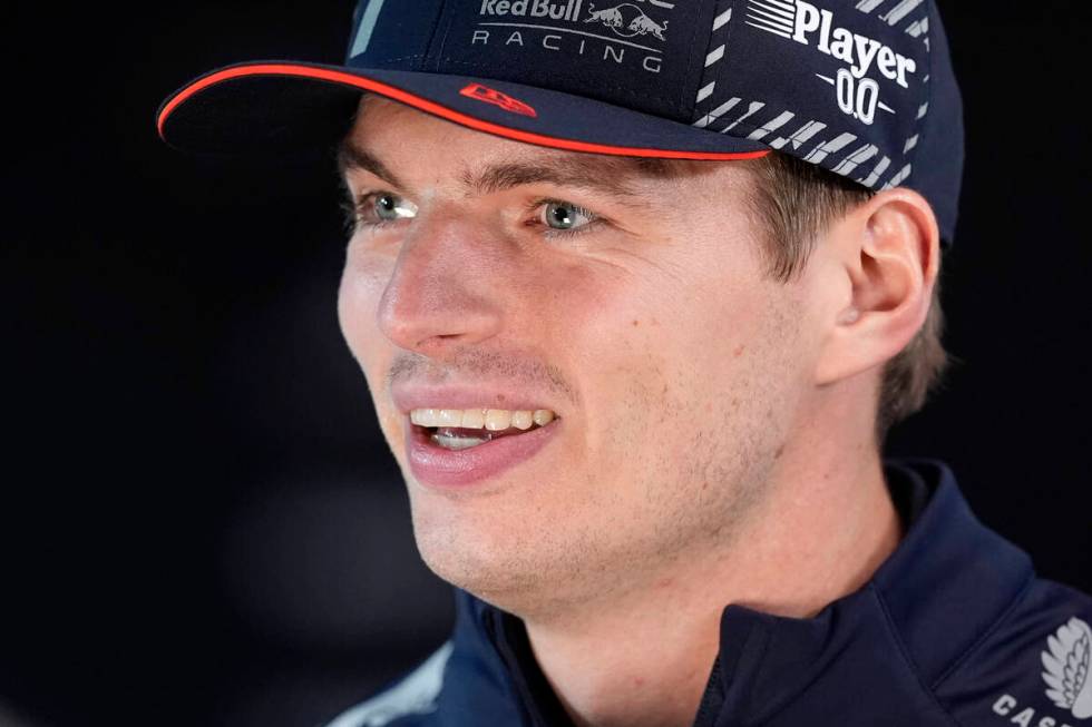 Red Bull driver Max Verstappen, of the Netherlands, speaks to the media ahead of the Formula On ...