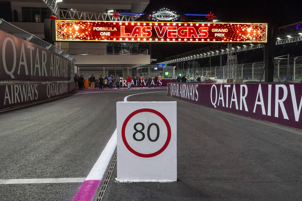 The entrance to pit lane for drives during the opening night of the Las Vegas Grand Prix Formul ...
