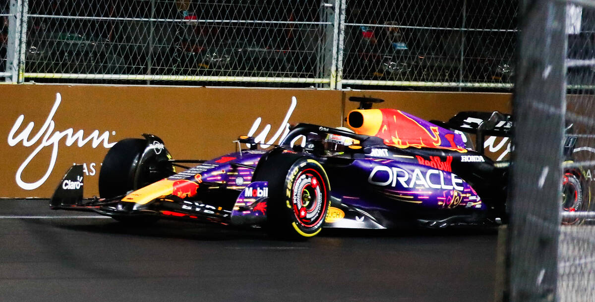 Max Verstappen competes in the first practice race for the Formula 1 Las Vegas Grand Prix on Th ...