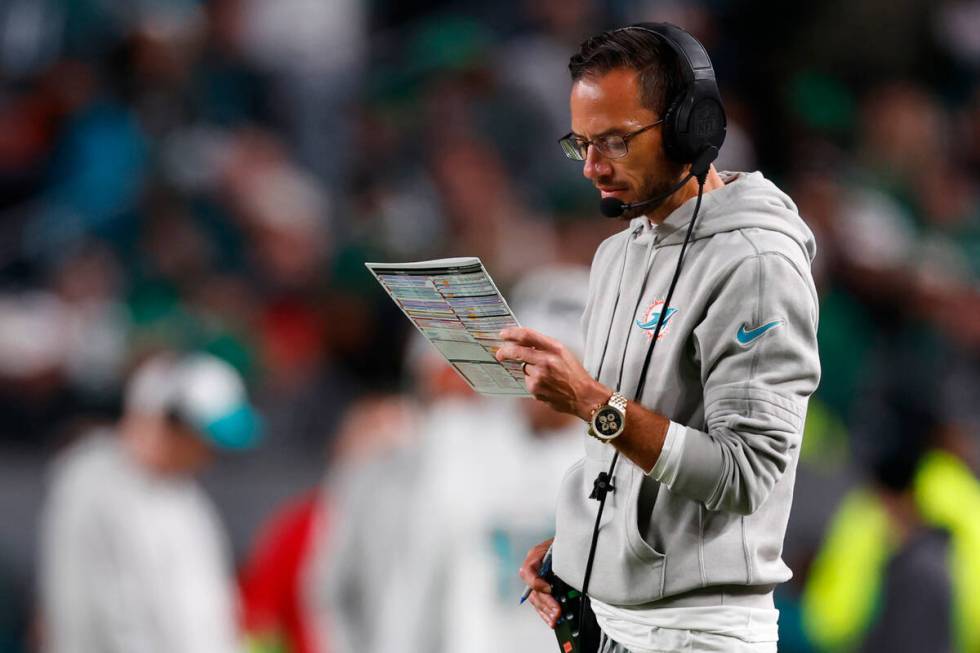 Miami Dolphins head coach Mike McDaniel in action against the Philadelphia Eagles during an NFL ...