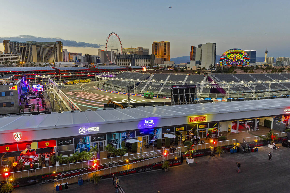 The sun sets over the Strip as the track awaits fans and racers during the second night of the ...
