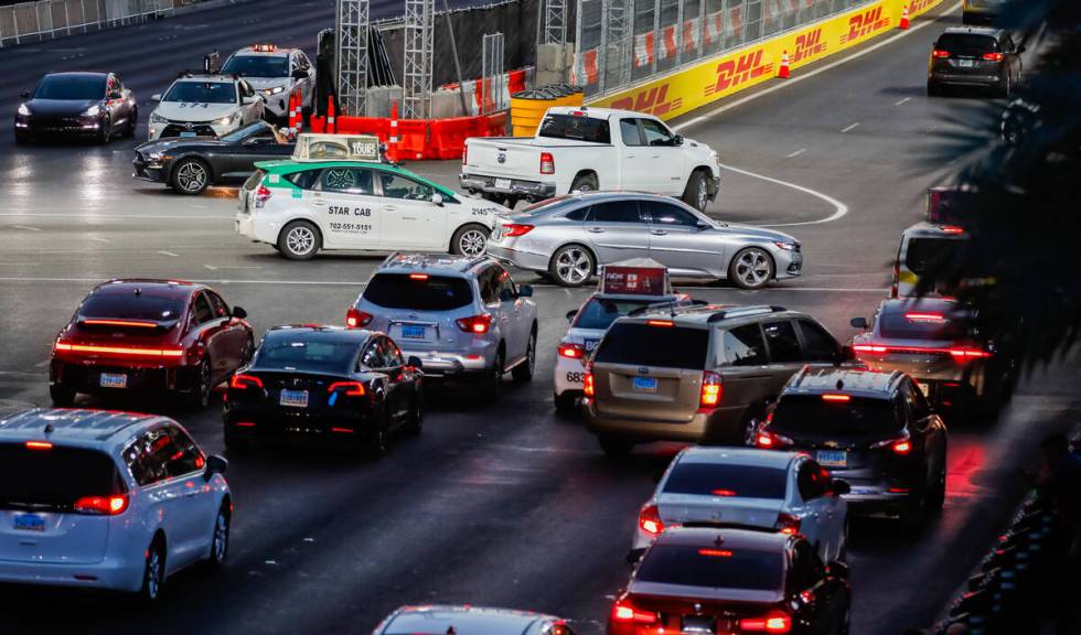 Traffic forms at the intersection of Sands Avenue and Las Vegas Boulevard prior to the third pr ...