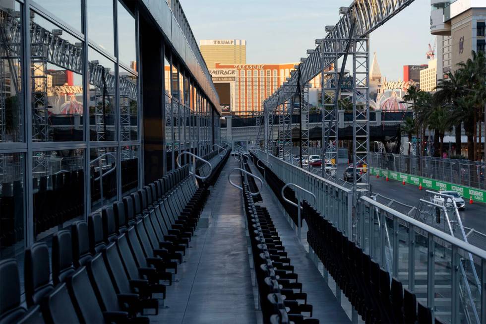 The grandstands at the Bellagio Fountain Club line Las Vegas Boulevard ahead of the inaugural F ...