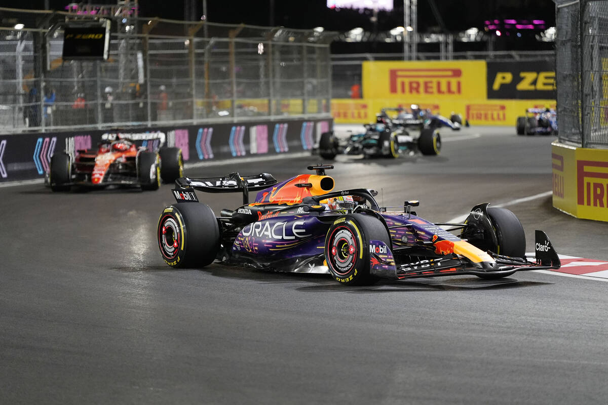 Red Bull driver Max Verstappen, of the Netherlands, leads after the first lap during the Formul ...