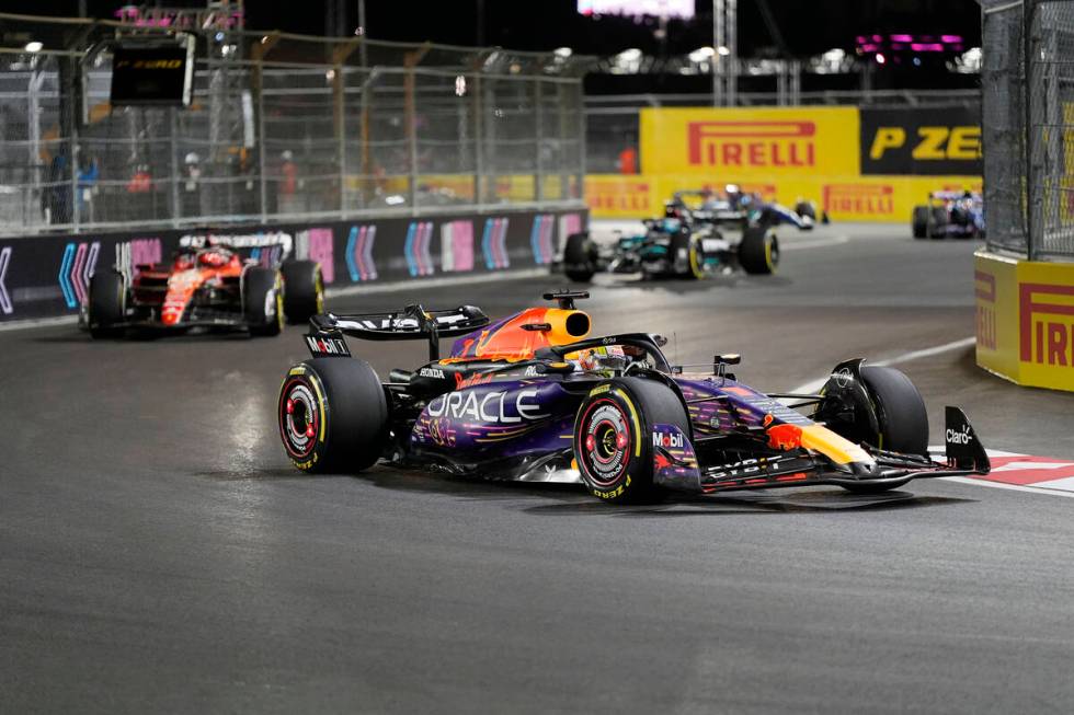 Red Bull driver Max Verstappen, of the Netherlands, leads after the first lap during the Formul ...