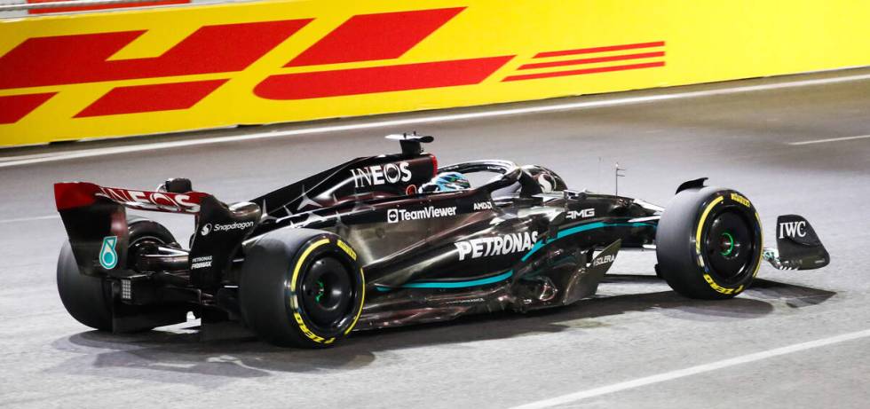 A Mercedes driver competes in the Formula 1 Las Vegas Grand Prix race on Saturday, Nov. 18, 202 ...