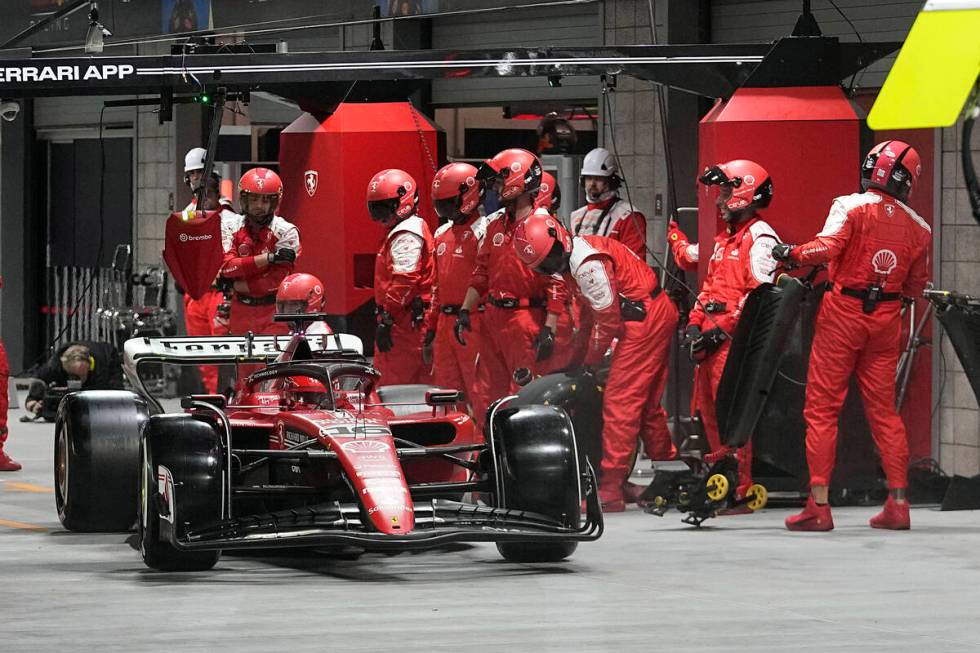 Ferrari driver Charles Leclerc, of Monaco, comes in for a pit stop during the Formula One Las V ...