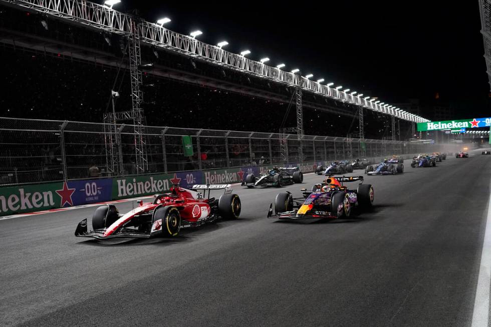 The field lines up for the start of the Formula One Las Vegas Grand Prix auto race, Saturday, N ...