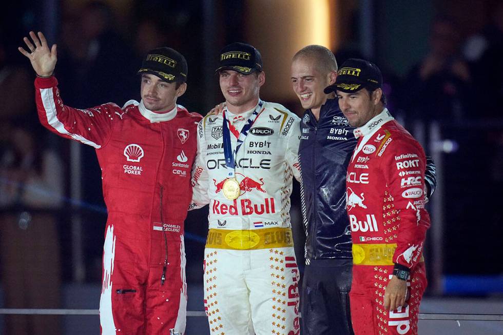 From left; Ferrari driver Charles Leclerc, of Monaco, Red Bull driver Max Verstappen, of the Ne ...