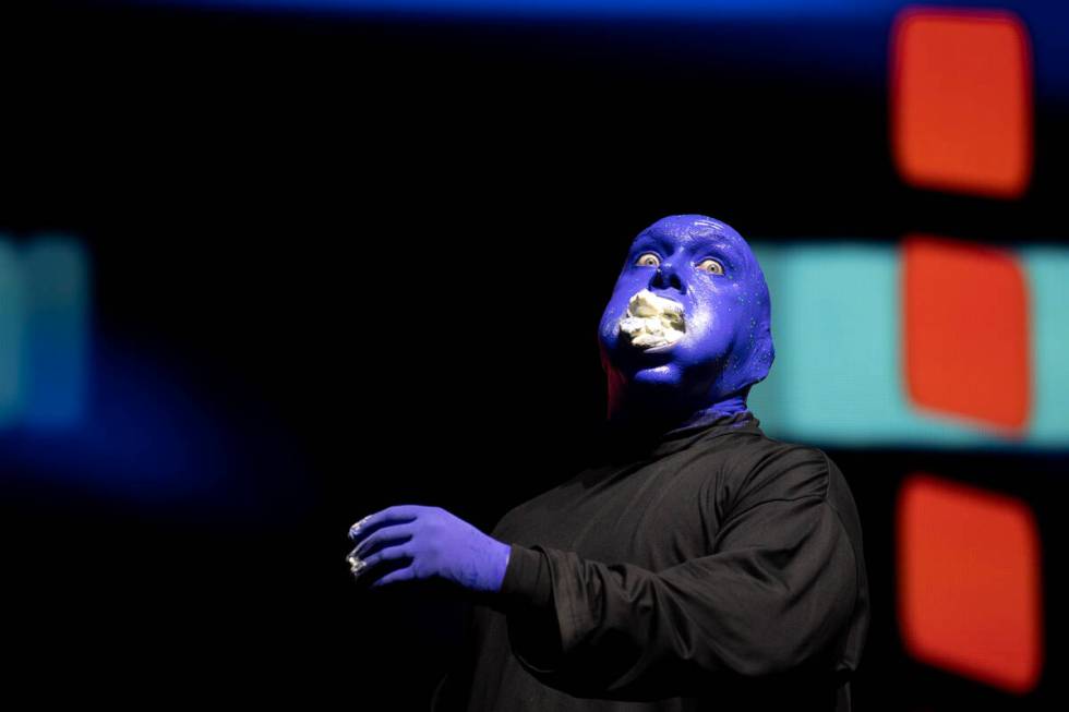 Blue Man Group performs before the third practice for the Formula One Las Vegas Grand Prix auto ...