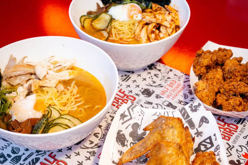 A half rotisserie chickens, chicken nuggs and rotisserie chicken ramen from Halfbird Chicken &a ...