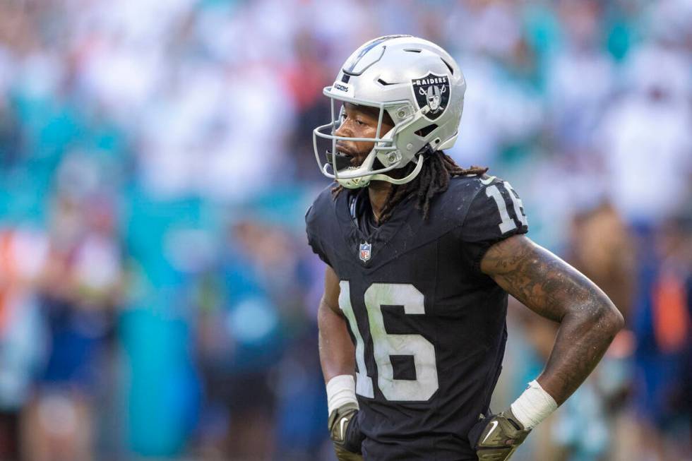 Raiders wide receiver Jakobi Meyers (16) reacts after Miami Dolphins cornerback Jalen Ramsey (5 ...