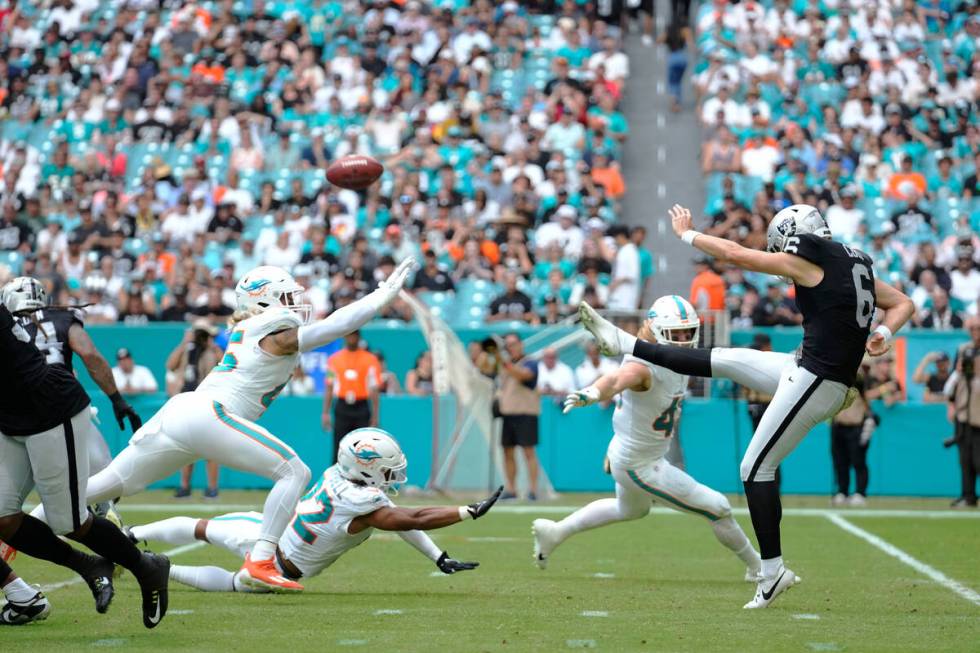 Las Vegas Raiders punter AJ Cole (6) kicks the ball during the first half of an NFL football ga ...