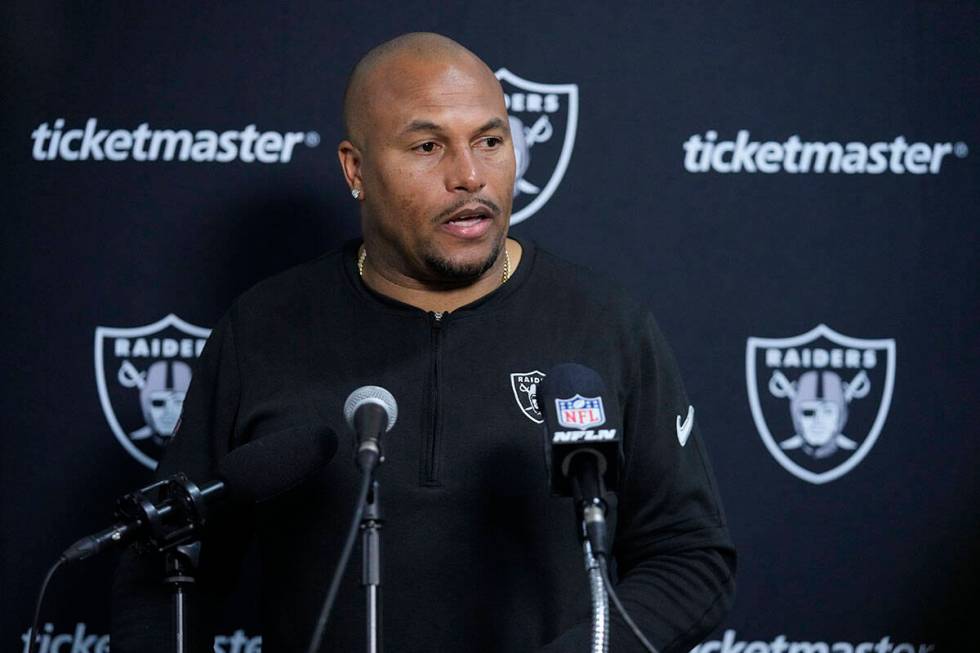 Las Vegas Raiders interim head coach Antonio Pierce speaks during a news conference following a ...