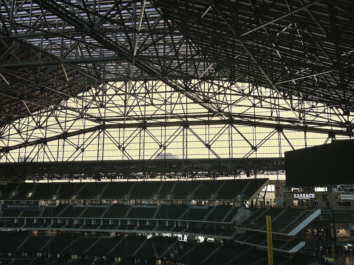 A view of a translucent wall of the Texas Rangers' Globe Life Field in Arlington, Texas, as see ...