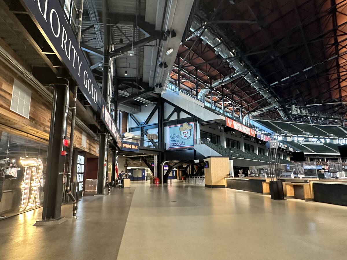 An upper-level concourse of the Texas Rangers' Globe Life Field in Arlington, Texas, as seen on ...