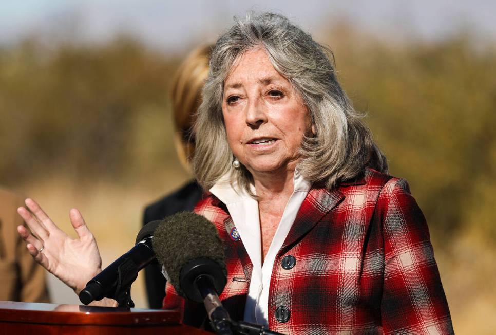 Rep. Dina Titus, D-Nev., addresses the media at a press conference to discuss the recently sign ...