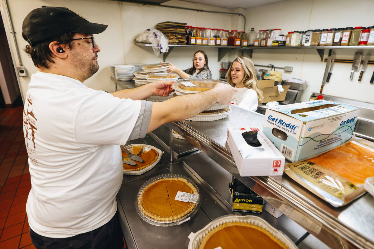 Pumpkin pies are prepares for families at Piero’s Italian Cuisine on Thursday, Nov. 23, ...