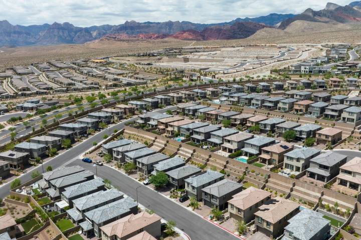 An aerial photo shows homes in Summerlin near Paseos Park on Wednesday, Aug 9, 2023. (Bizuayehu ...