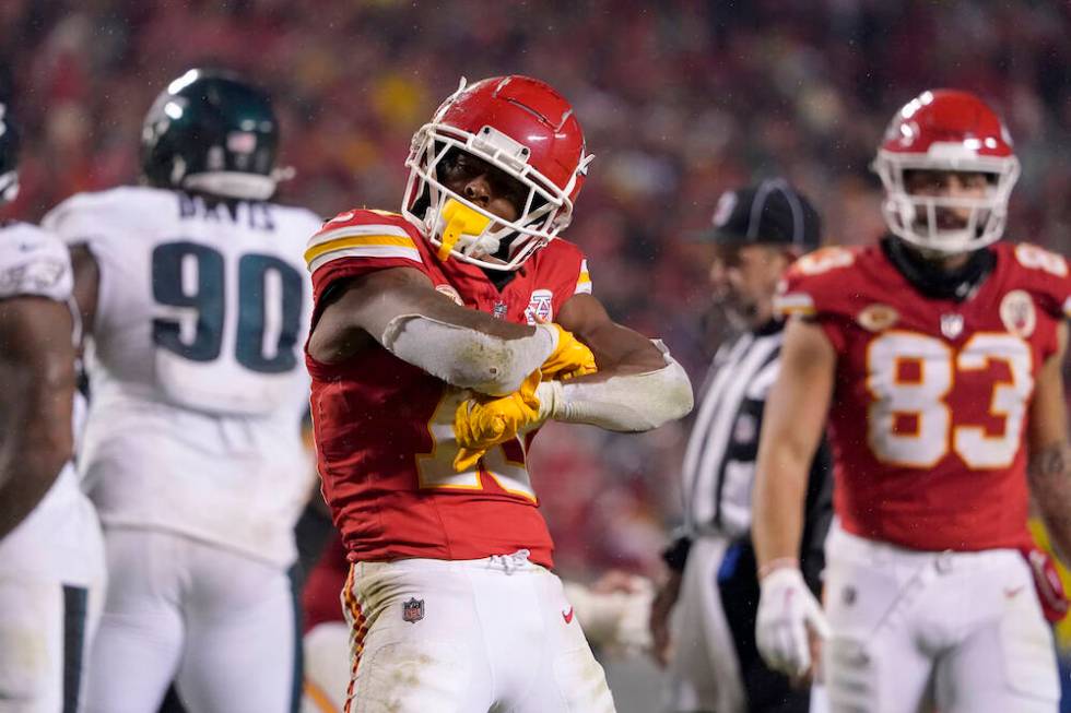 Kansas City Chiefs running back Isiah Pacheco celebrates after making a first down during the s ...