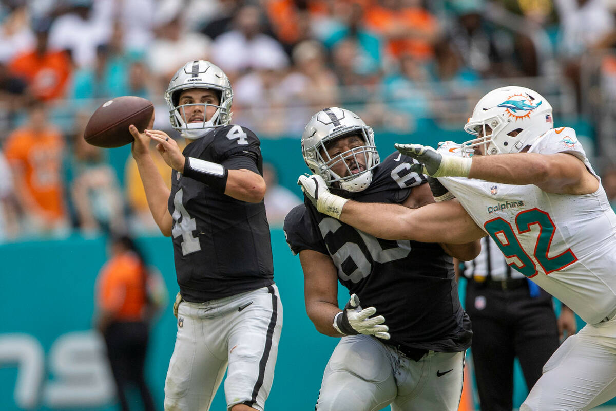 Raiders quarterback Aidan O'Connell (4) throws with protection from Raiders guard Dylan Parham ...