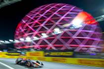 Red Bull Racing driver Sergio Perez cruises around the MSG Sphere during the practice session o ...