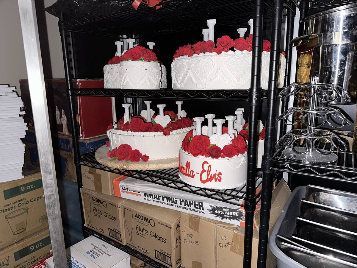 Display cakes from Elvis and Priscilla Presley's 1967 wedding at the Aladdin in Las Vegas are s ...