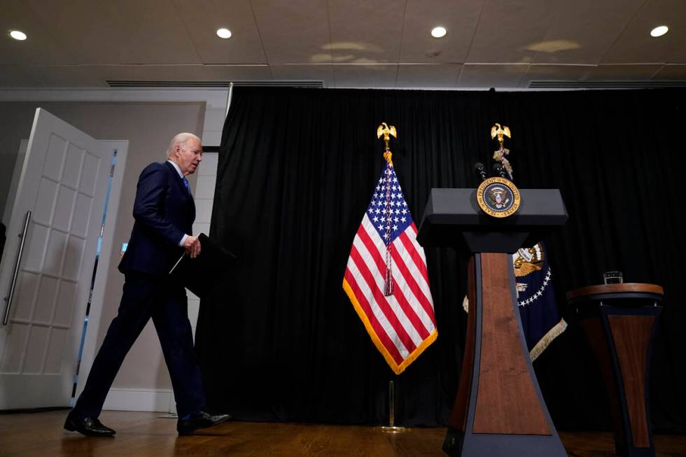 President Joe Biden arrives to speak to reporters in Nantucket, Mass., Sunday, Nov. 26, 2023, a ...