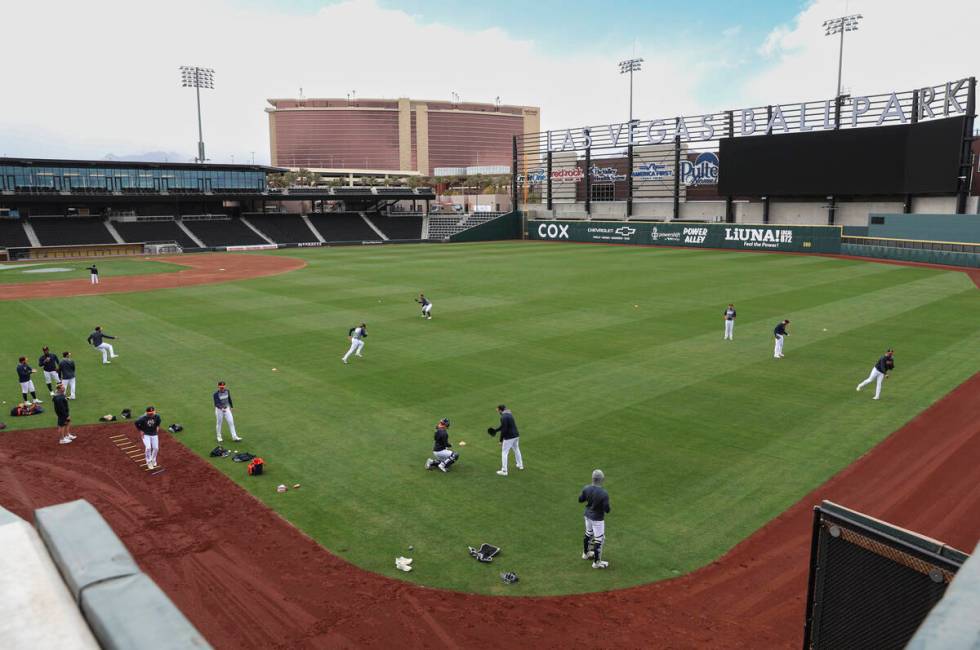 Las Vegas Aviators players practice during media day at Las Vegas Ballpark in Downtown Summerli ...