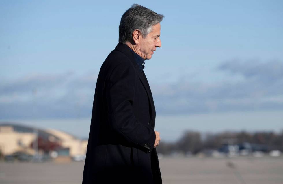 US Secretary of State Antony Blinken arrives board his aircraft prior to departure, Monday, No ...