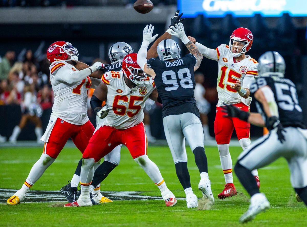 Raiders defensive end Maxx Crosby (98) reaches to bock a pass by Kansas City Chiefs quarterback ...