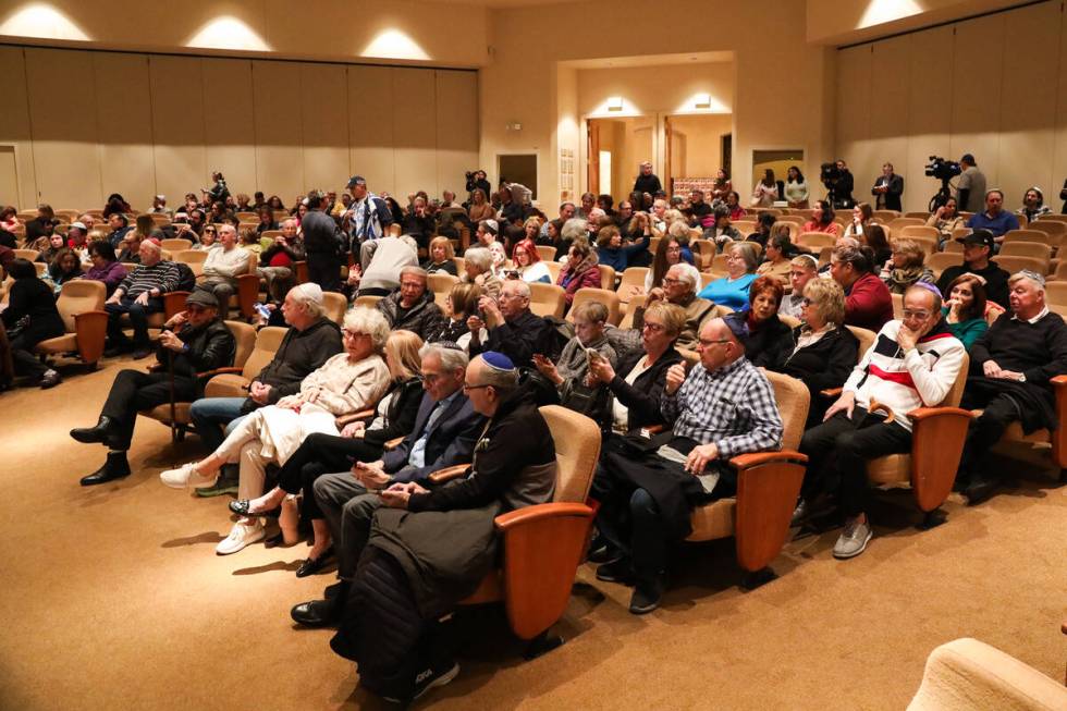 Jewish Nevadans listen to Shye Weinstein, a survivor of the Oct. 7 massacre at the Nova music f ...