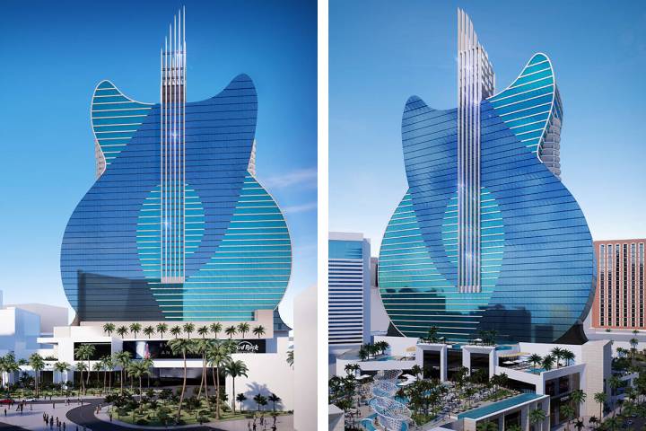 A rendering of the guitar-shaped hotel tower that Hard Rock International plans to build at wha ...