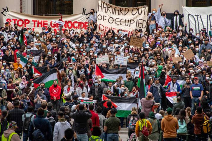 Supporters of Palestine gather at Harvard University to show their support for Palestinians in ...