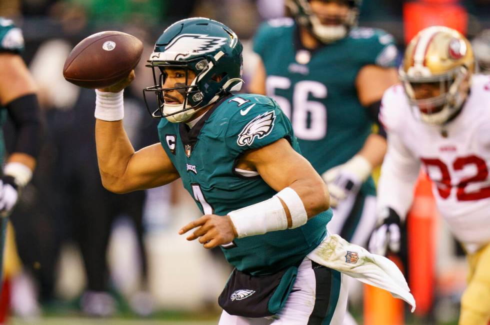 Philadelphia Eagles quarterback Jalen Hurts (1) in action during the NFC Championship NFL footb ...