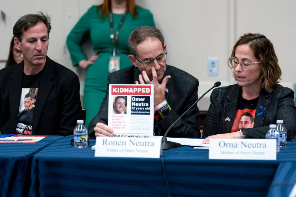 From left, Ruby Chen, father of kidnapped Israeli soldier Itay Chen; Ronen Neutra, father of Om ...