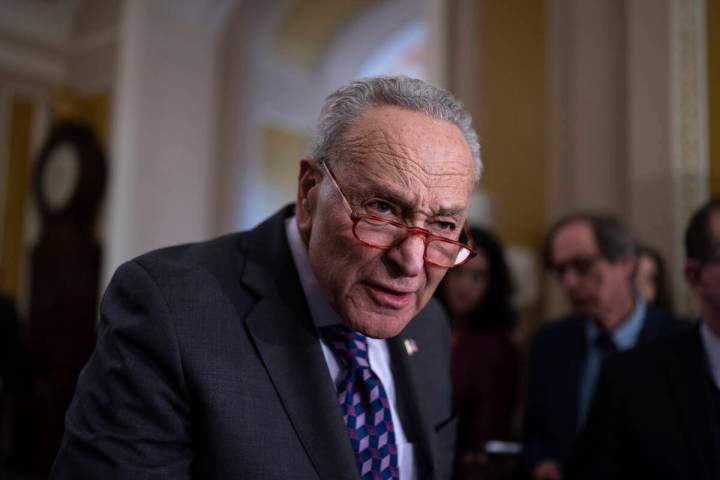 Senate Majority Leader Chuck Schumer, D-N.Y., answers questions from reporters outside the Sena ...