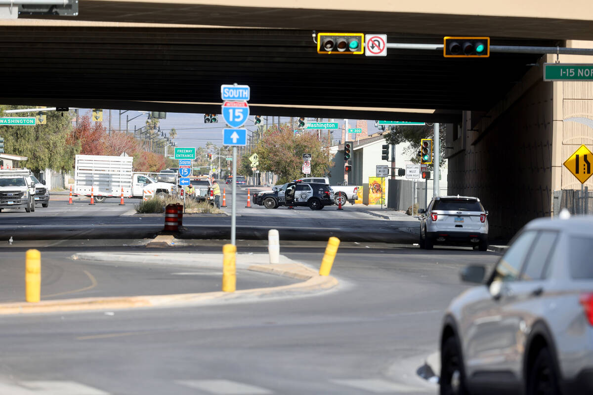 D Street is closed under Interstate 15 on Thursday, Nov. 30, 2023, after two Nevada Highway Pat ...