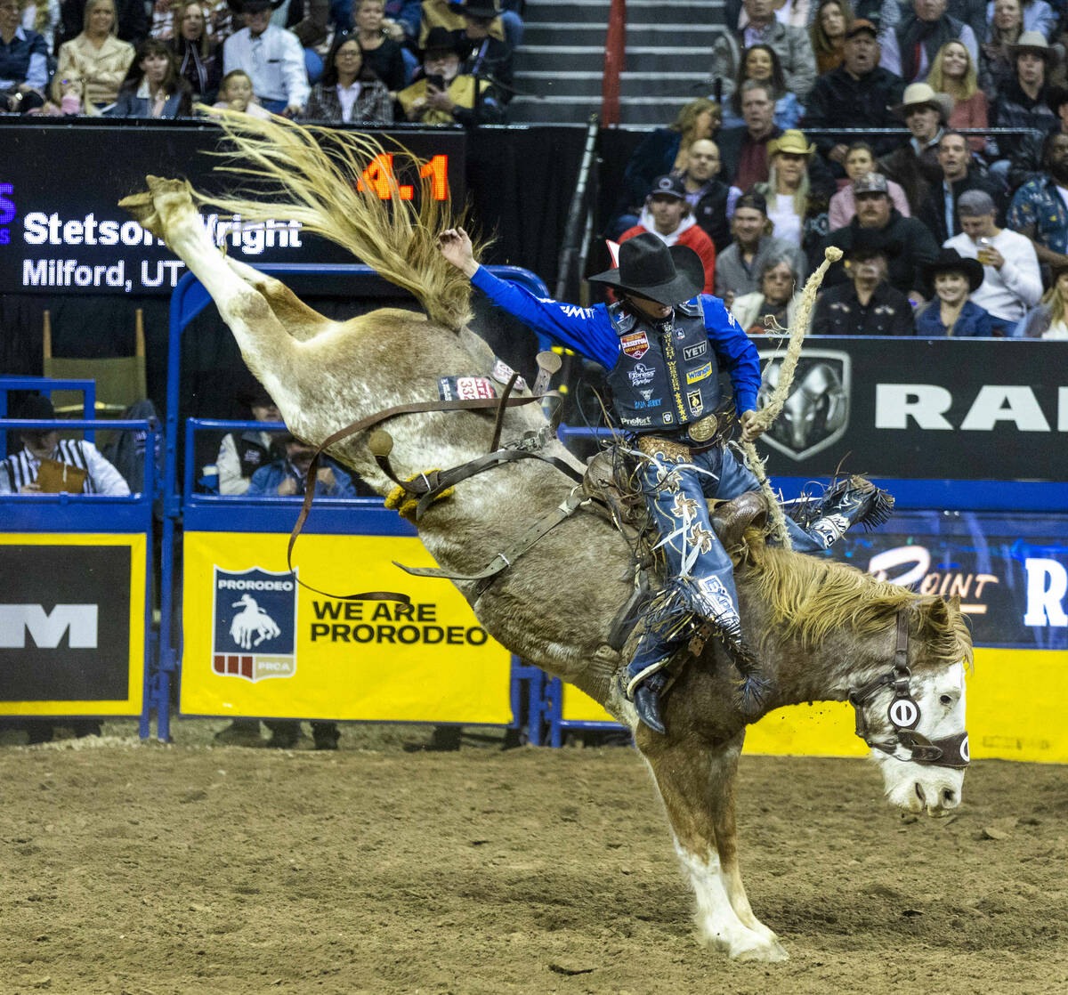 Stetson Wright competes in saddle bronc riding during Day 9 of the National Finals Rodeo in 202 ...