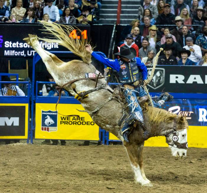 Stetson Wright competes in saddle bronc riding during Day 9 of the National Finals Rodeo in 202 ...