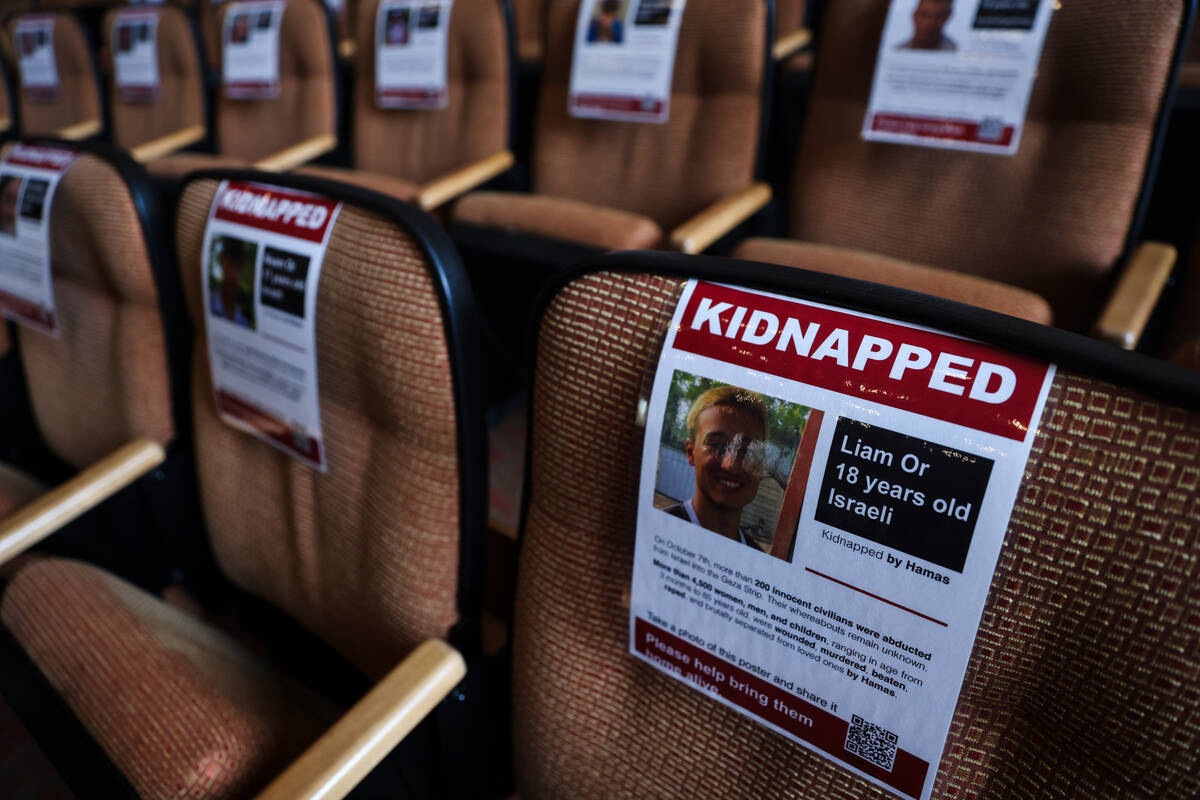 Photos of the kidnapped Israeli victims of the Oct. 7 Hamas attack in the sanctuary at Congrega ...
