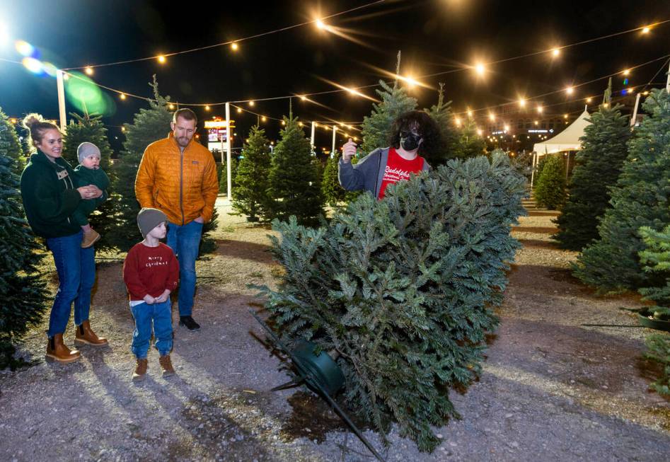 Vanessa McDonough, from left, holding son Charlie, 1, looks to their tree selection with son Ca ...