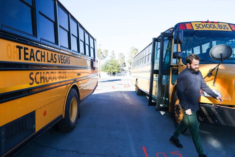 David Blodgett, founder of Bright Yellow Lines, shows off some of the buses that will be used f ...