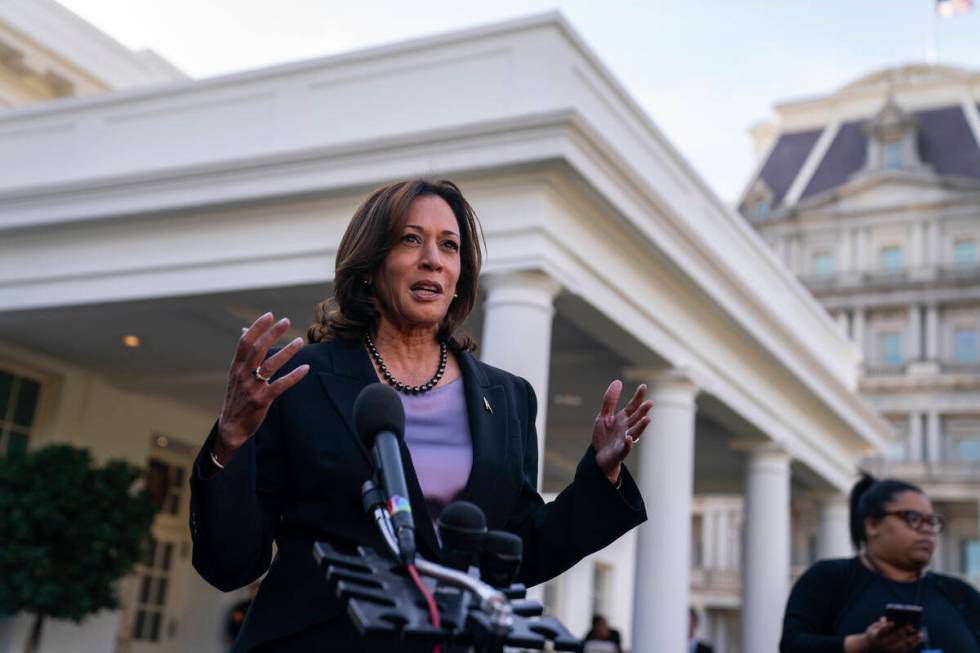 Vice President Kamala Harris makes a statement on abortion access at the White House, Wednesday ...