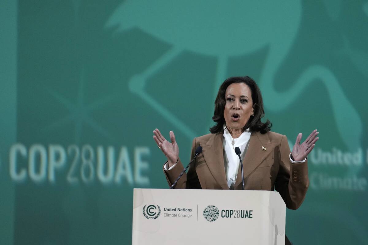 Vice President Kamala Harris speaks at the COP28 U.N. Climate Summit, Saturday, Dec. 2, 2023, i ...
