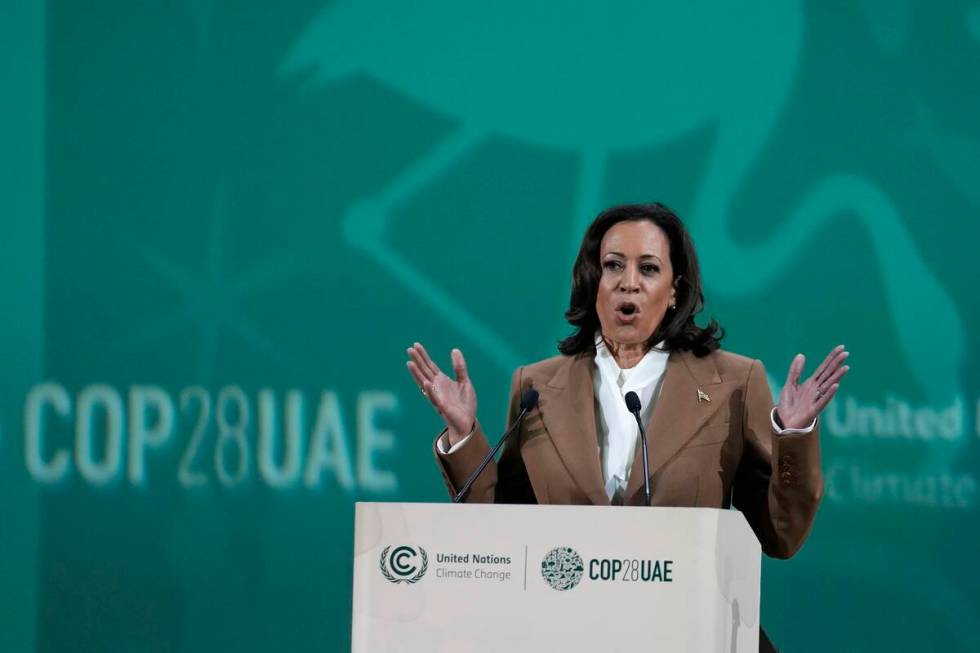 Vice President Kamala Harris speaks at the COP28 U.N. Climate Summit, Saturday, Dec. 2, 2023, i ...