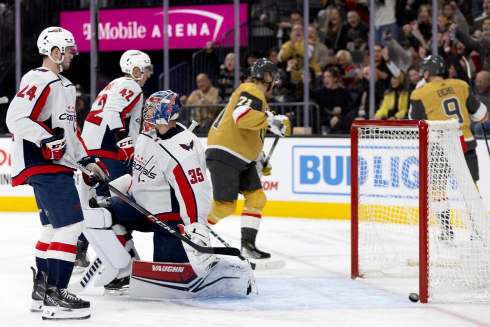 Capitals goaltender Darcy Kuemper (35) reacts after the Golden Knights scored during the first ...