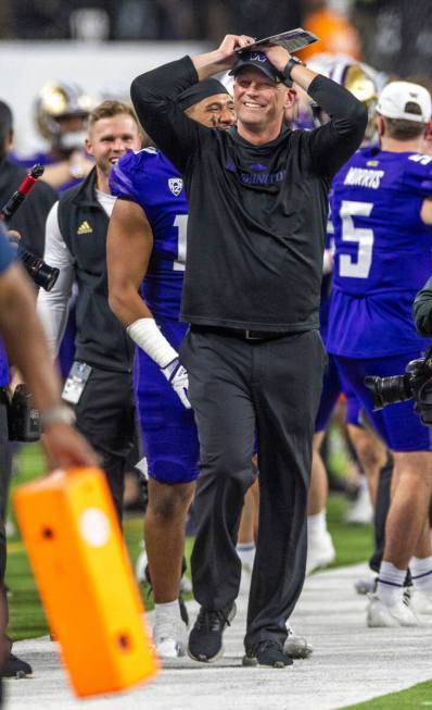 Washington Huskies head coach Kalen DeBoer knows the win is in hand against the Oregon Ducks du ...