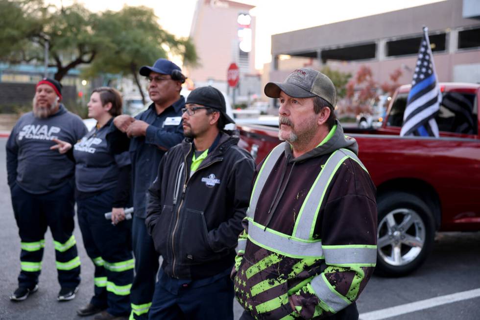 Tow truck operators, Nevada Highway Patrol and Capitol Police gather at Dula Community Center i ...