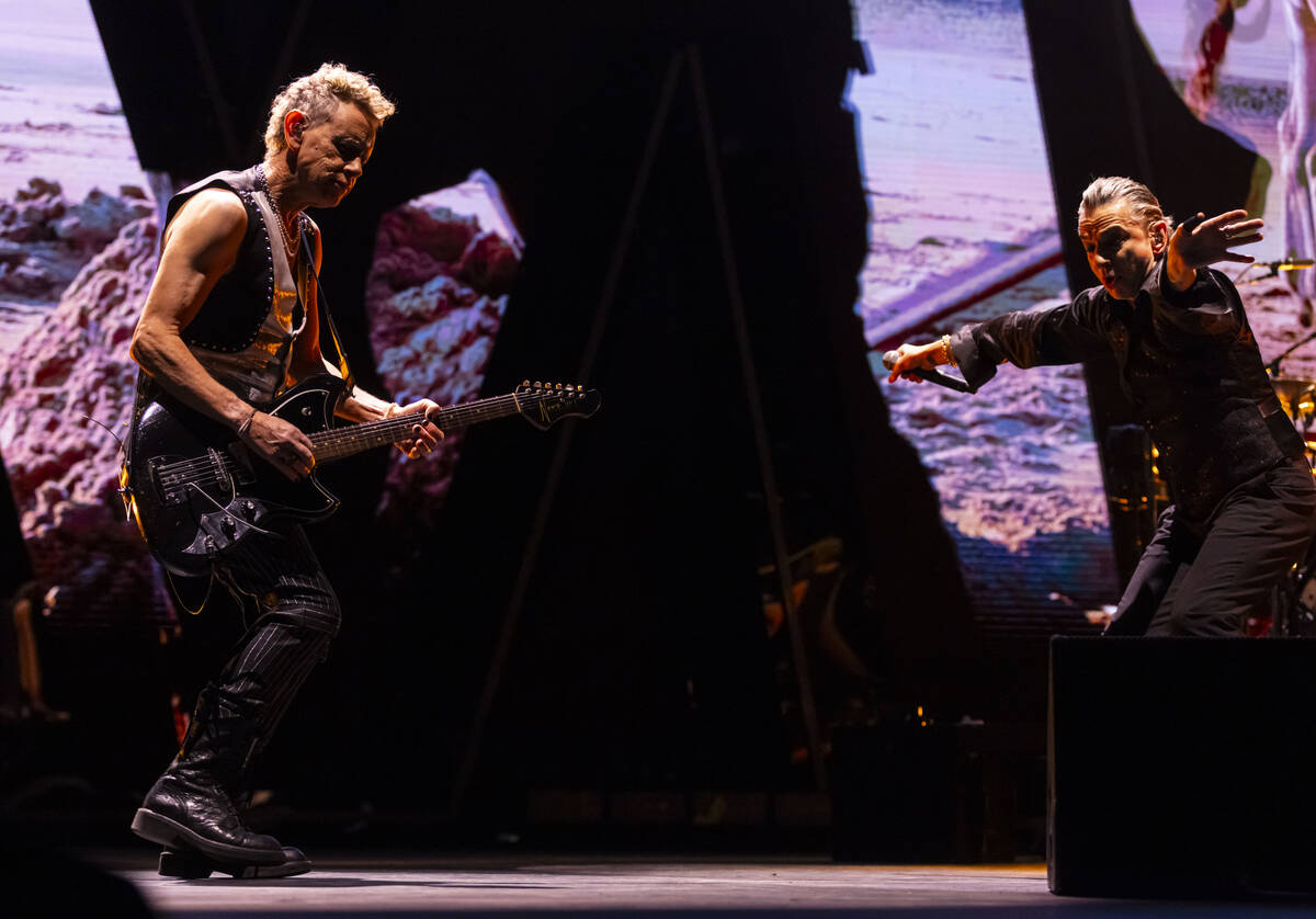 Martin Gore, left, and Dave Gahan of Depeche Mode perform at T-Mobile Arena on Friday, Dec. 1, ...